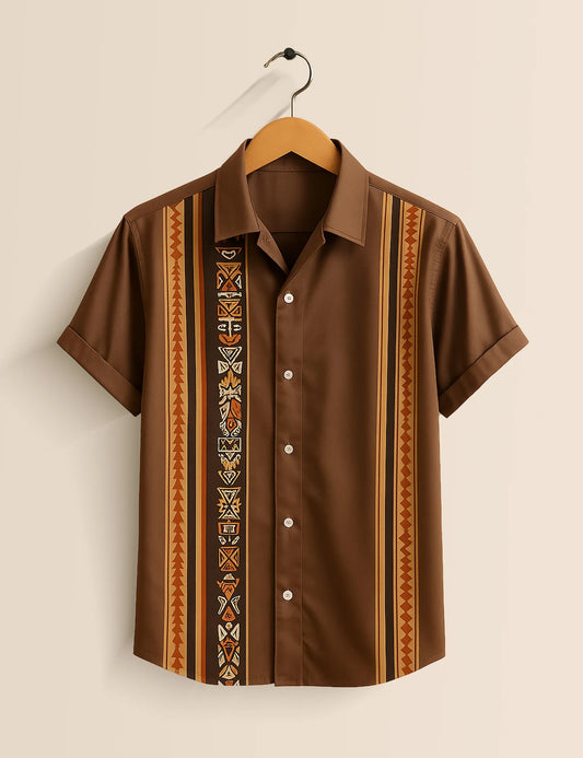 Men's Brown Tribal Ethnic Vibe Stripe - Printed Half Sleeve Shirt