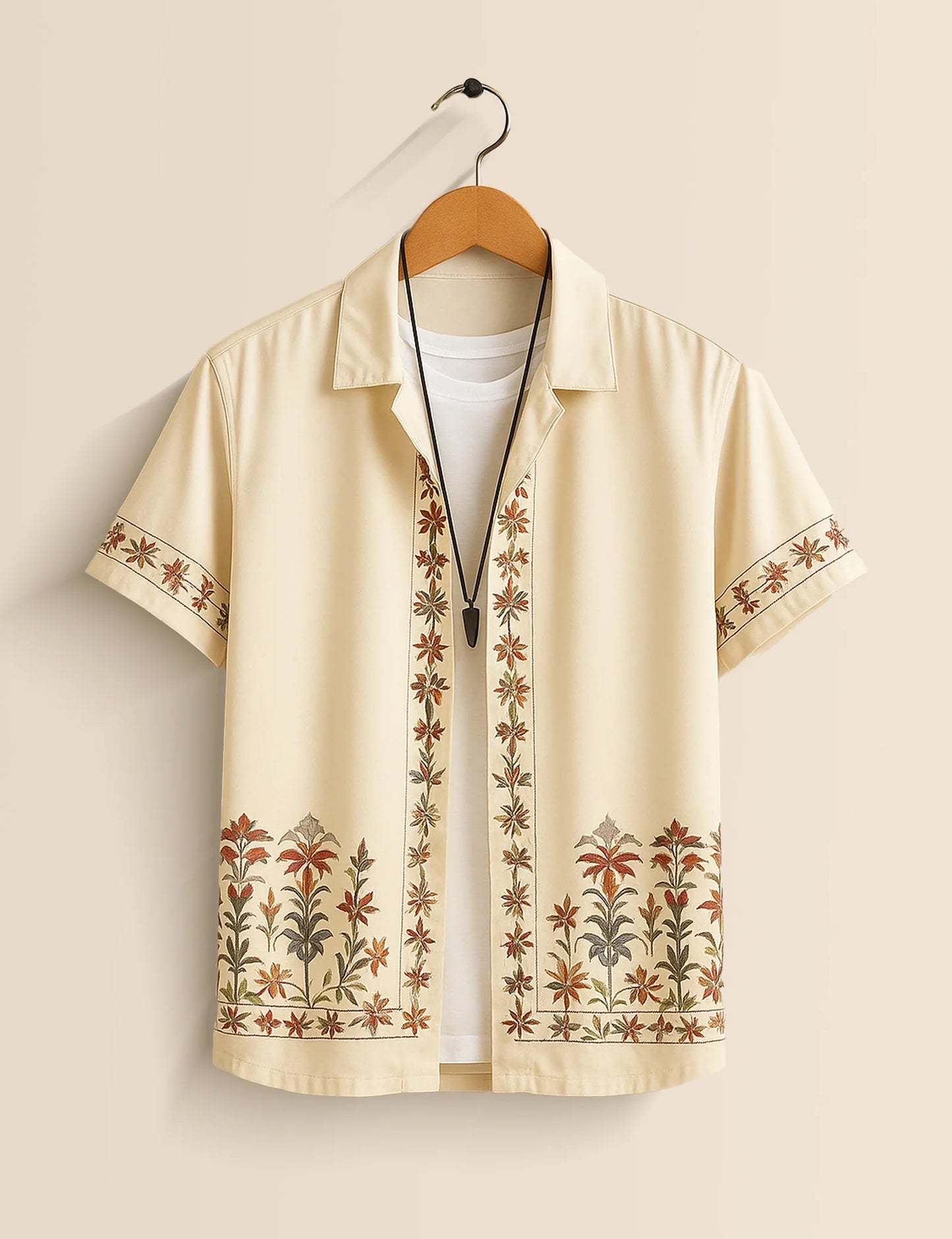 Men's Cream Floral Embroidered - Printed Half Sleeve Shirt