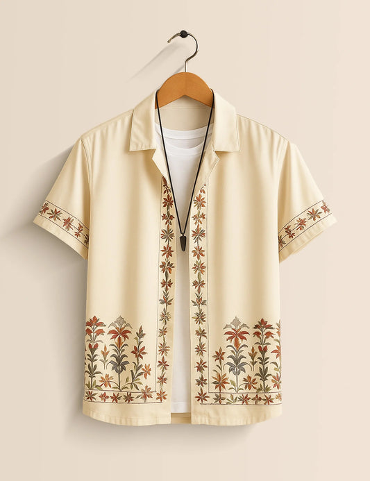 Men's Cream Floral Embroidered - Printed Half Sleeve Shirt