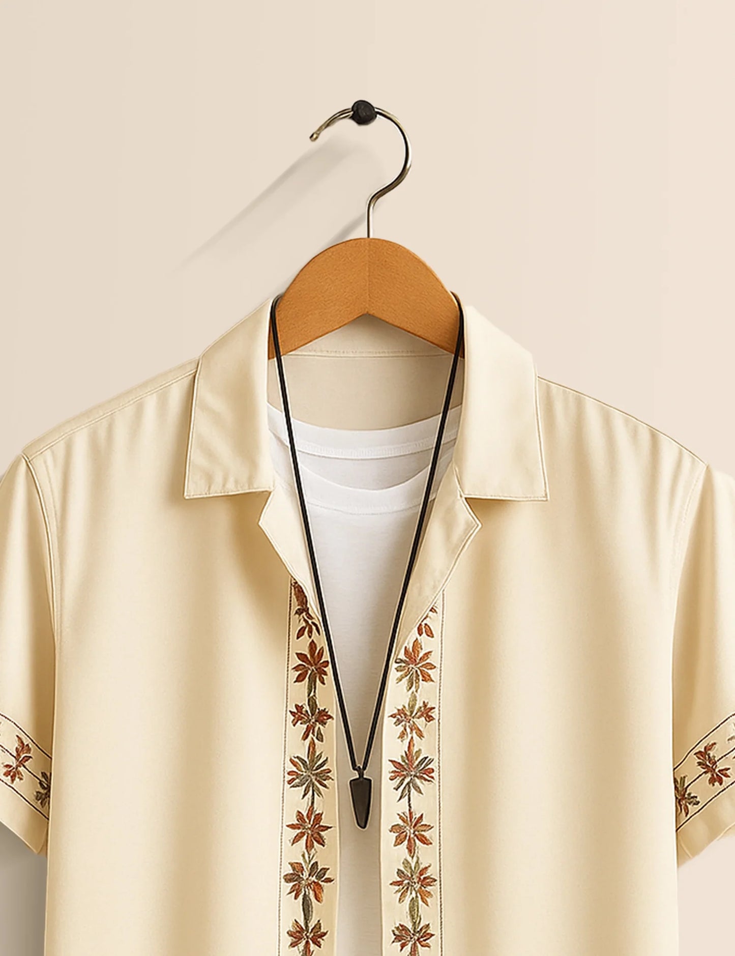 Men's Cream Floral Embroidered - Printed Half Sleeve Shirt