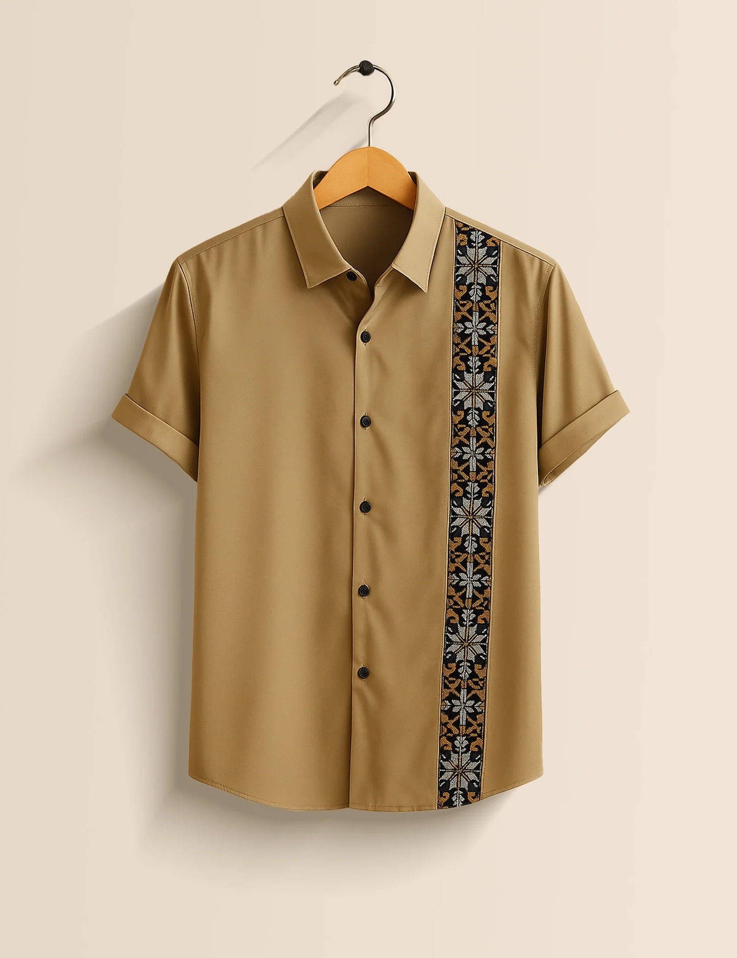 Men's Brown Floral Embroidery Stripe - Printed Half Sleeve Shirt