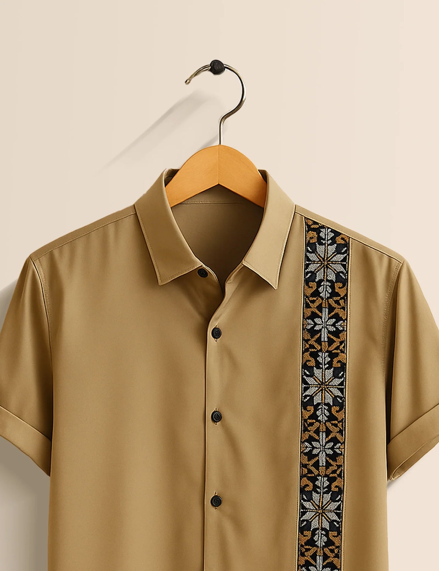 Men's Brown Floral Embroidery Stripe - Printed Half Sleeve Shirt