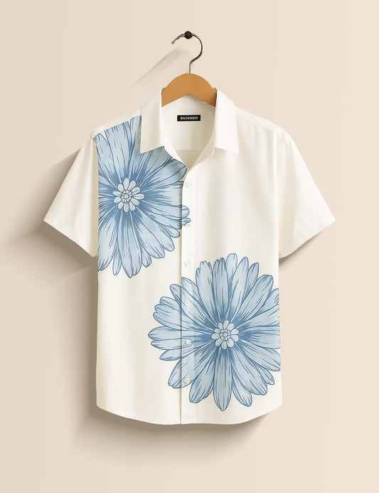 Men's White & Blue Casual Flower - Printed Half Sleeve Shirt