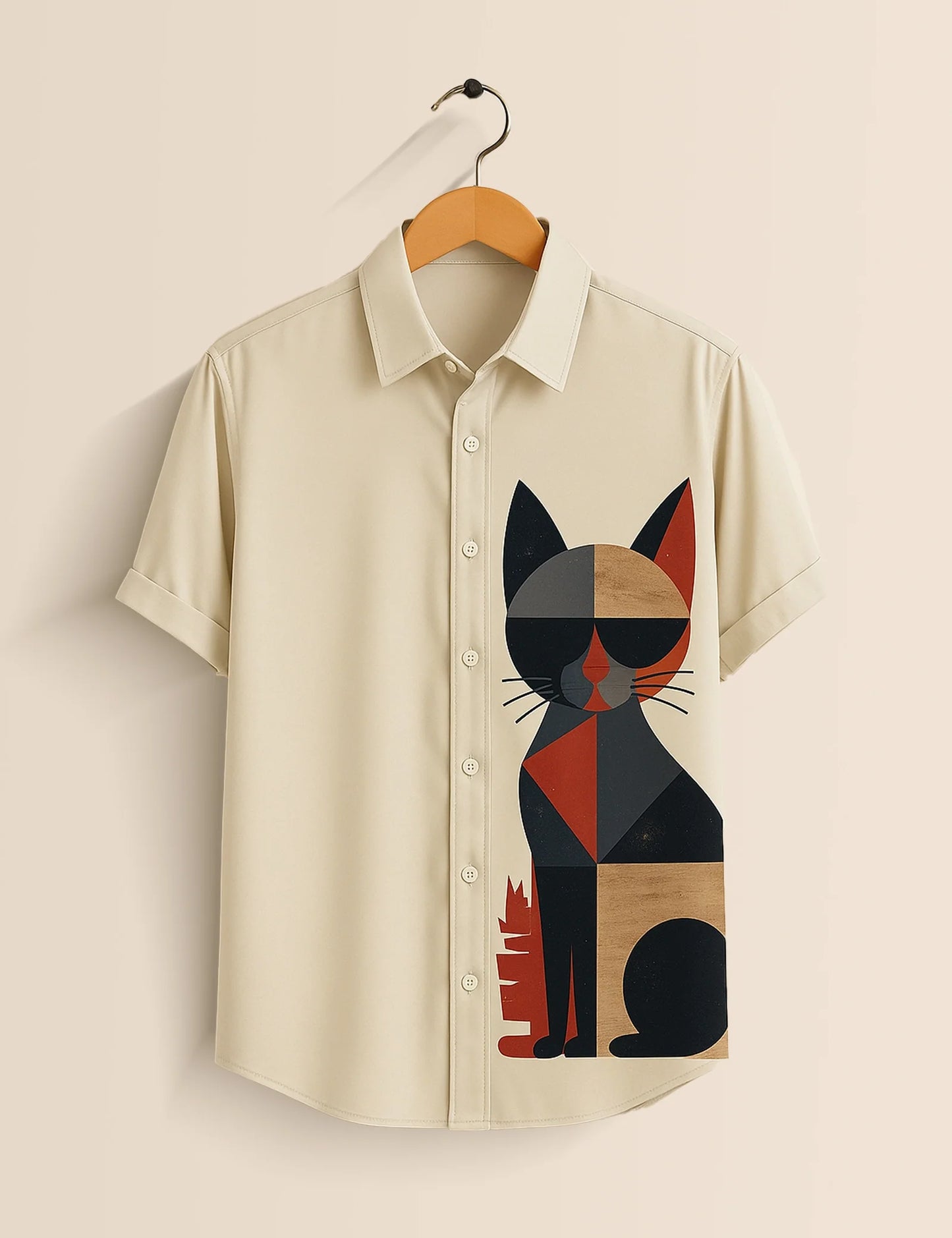 Men's Off White Geometric Cat – Printed Half Sleeve Shirt