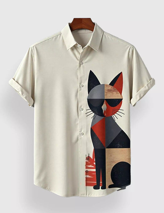 White Multicat Designer Men's Half Sleeves Printed Shirt Exclusive