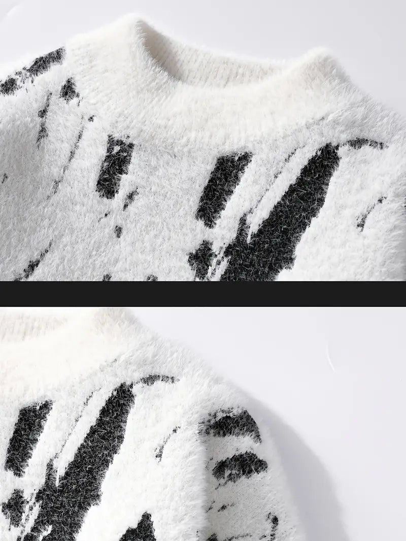 Commisely Abstract Black & White Knitted Sweater